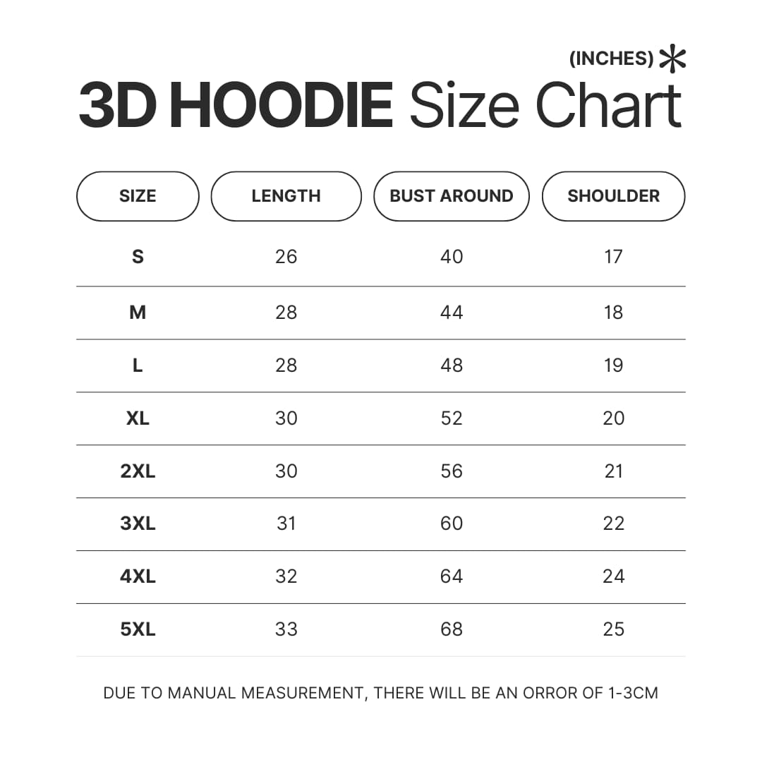 3D Hoodie Size Chart - Sword Art Online Store