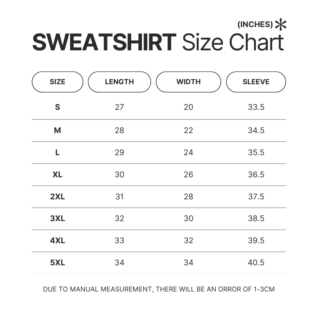 Sweatshirt Size Chart - Sword Art Online Store