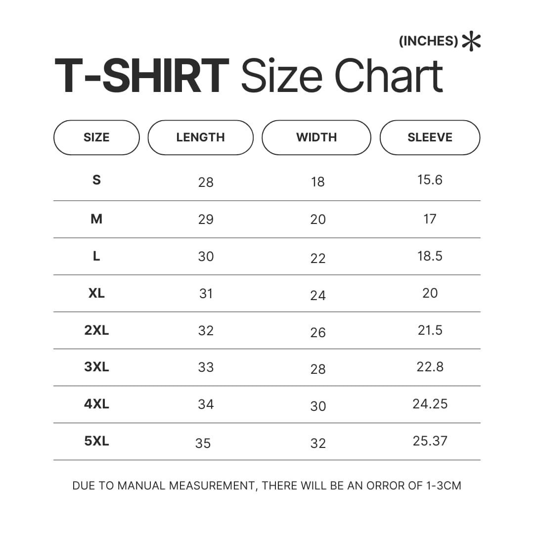 T shirt Size Chart - Sword Art Online Store